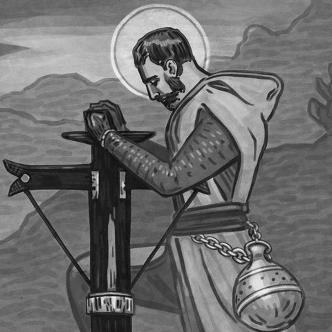 Grayscale icon painting of a haloed figure operating a ballista hung with a censer